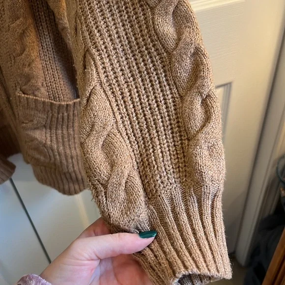 AEO Oversized Cable Knit Button-Up Cardigan in Light Brown - Picture 4 of 5
